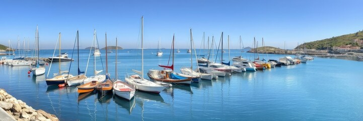 Fototapeta premium Panorama of Ferragudo harbor with fishing boats and sailboats, shore, peaceful, coastal
