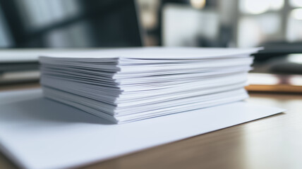Stack of Paper on Desk: A neat and organized stack of blank white paper rests on a wooden desk, showcasing a sense of professionalism and preparedness.