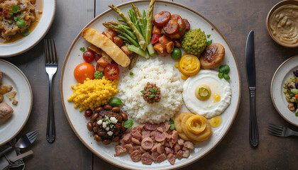Whole top shot of well balanced nutritious food platter with cutlery. Healthy breakfast. 