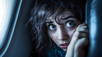 Young Woman Showing Fearful Expression On Airplane