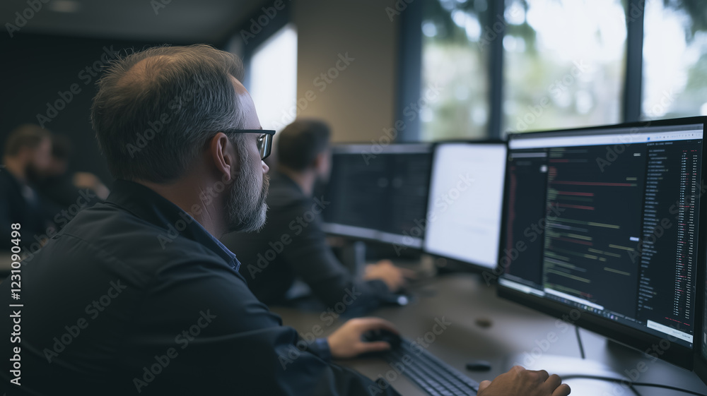 Poster focused programmer: a skilled programmer intently focused on his work, immersed in lines of code on 