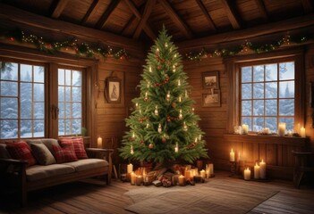 pine Christmas tree with candles and garlands in a rustic cabin, rustic interior, festive atmosphere