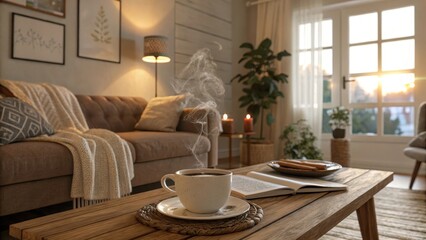 Fototapeta premium A Warm and Cozy Living Room Scene with a Steaming Cup of Coffee on a Wooden Table