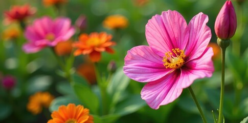 Obraz premium Pink tigridia in a garden with other blooming flowers, colorful, plant, pink tigridia