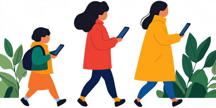 Three people walk together, each absorbed in their smartphones, surrounded by green plants, illustrating modern connectivity and family dynamics.