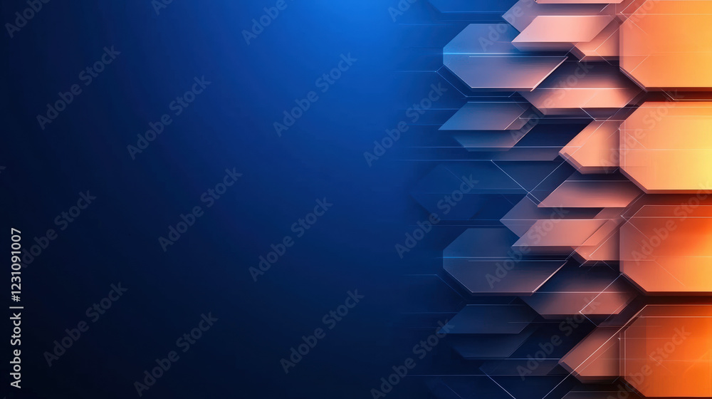 Poster a digital background featuring a blend of blue and orange hexagonal shapes, creating a modern, tech-