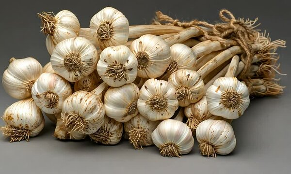 Bunch of fresh garlic bulbs tied with twine, set against a neutral background, showcasing their texture