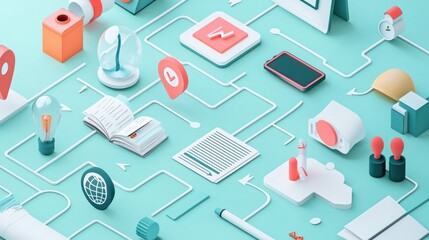 Interconnected Global Network:  A 3D Isometric Illustration of Knowledge, Technology, and Connectivity