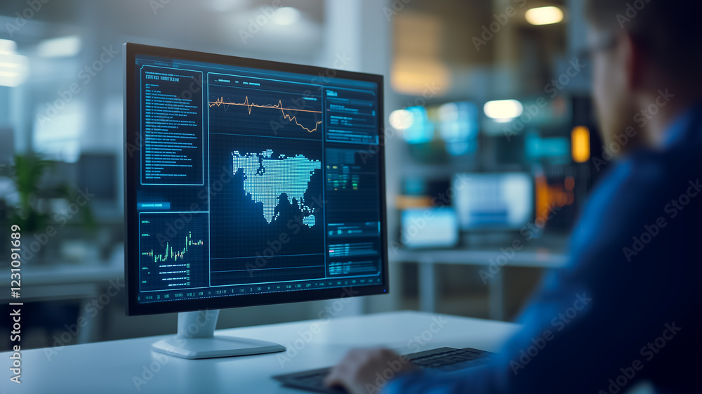 Poster global data analysis: a focused analyst reviews crucial global data on a large computer monitor, hig
