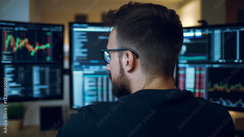Poster focused on the data: a determined trader or analyst meticulously analyzes financial charts on multip
