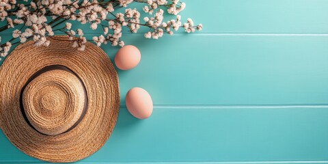 A colorful arrangement of eggs alongside a straw hat rests atop a vibrant blue table, embodying the joyful spirit of Easter celebrations.