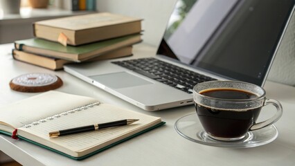 A Productive Workspace Coffee, Laptop, Notebook, and Pen Ready for Focused Work
