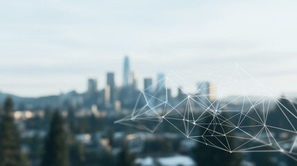 Urban Network: Abstract network connection lines overlaid on a blurred cityscape background, symbolizing technological connectivity and urban development.  