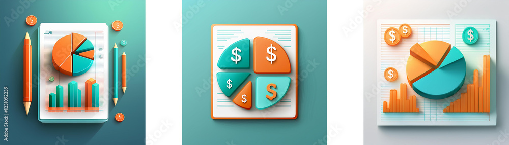 Poster three vibrant illustrations showcase data visualization through pie charts and bar graphs, offering 