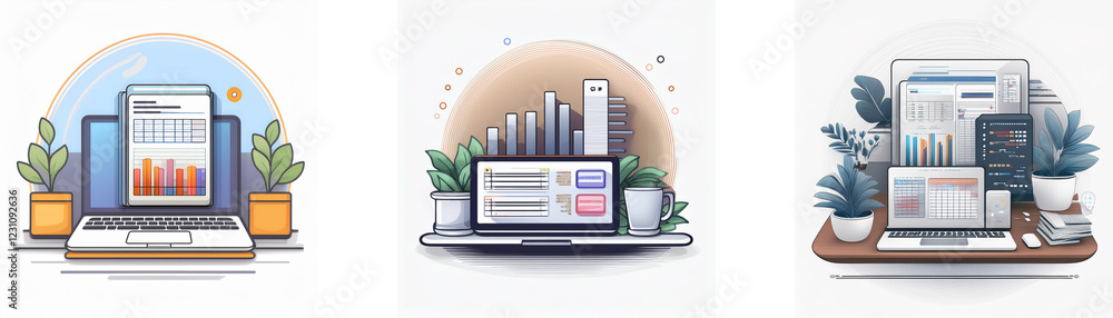 Poster three illustrations depict digital data analysis on laptops, surrounded by plants and minimalist des