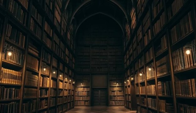 A room of ancient library with many books on the shelves