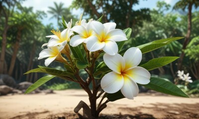 Fototapeta premium Round plumeria alba bloom in natural environment, vibrant color palette, unique shape, botanical wonder