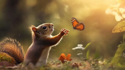 Obraz premium A squirrel stretching its paws towards a butterfly hovering nearby.
