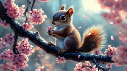 A squirrel surrounded by cherry blossoms, sitting on a blooming branch.