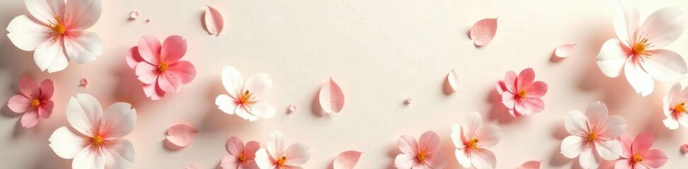 Fototapeta premium Scattered white and pink paper flowers on a cream background, soft background, pink flowers, delicate blooms