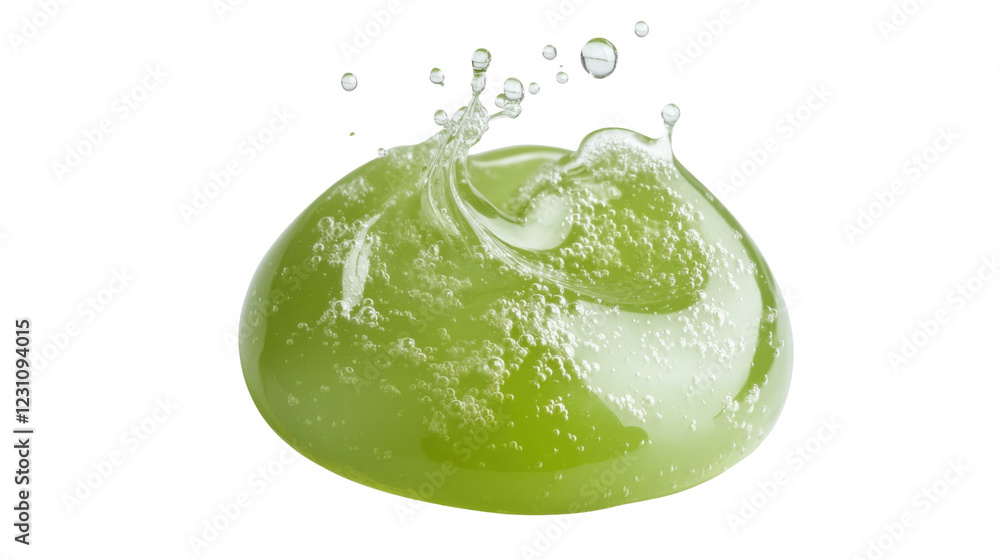 Poster green gel or shampoo blob splashing with bubbles on transparent background