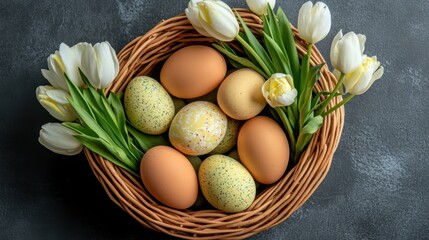 A colorful basket filled with decorated eggs and vibrant flowers sits elegantly on a table, symbolizing the joy of Easter celebrations.