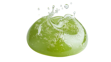 Green gel or shampoo blob splashing with bubbles on transparent background