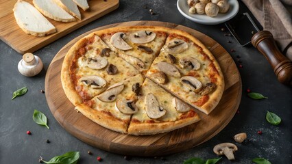Delicious Mushroom Pizza on Wooden Board with Fresh Herbs