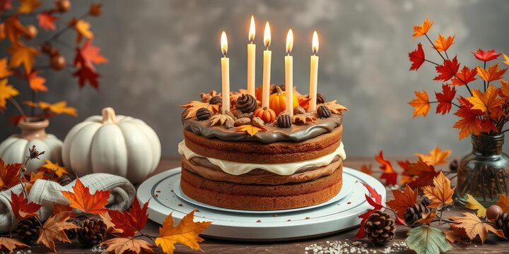 Seasonal autumnal cake display with candles, pumpkins, autumnal