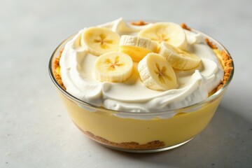 Sliced banana and whipped cream toppings for banana cream pie in a clear plastic container, whipped, bowl, dessert