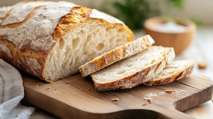 A rustic loaf of sourdough bread with a crisp crust, sliced and arranged on a wooden cutting board, Bread slices centered with a slightly angled perspective