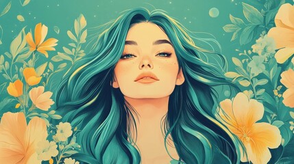 Woman with Teal Hair Surrounded by Yellow Flowers