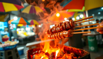Obraz premium food, barbecue, grill, grilled, heat, temperature, fire, natural phenomenon, meat, cooking, outdoors, flame, pork, gourmet, cultures, skewer, meal, eating