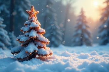 snow-capped tree with decorated gingerbread star, frozen scenery, holiday theme,