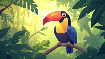 Colorful toucan perched on a branch in a tropical rainforest.