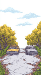 Abandoned Road Scene with Vintage Cars - Pixel Art