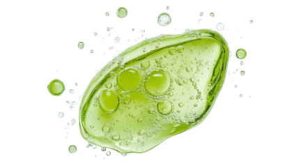 Green cosmetic gel splashing with bubbles on transparent background