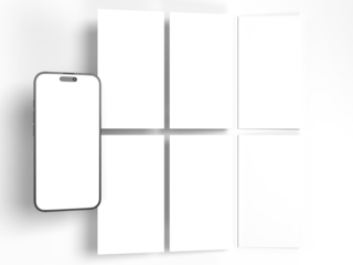 Smartphone mockup with social media stories interface mockup. Mobile app page template for creative design showcase user carousel post feed. Minimal design interface template