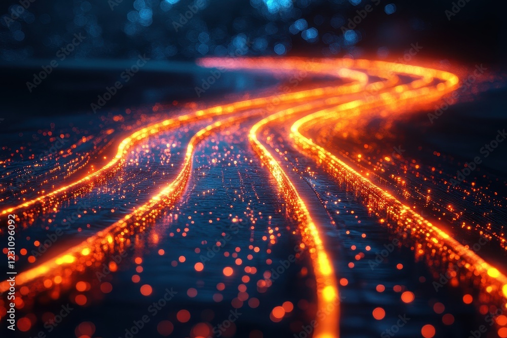 Poster glowing orange trails curve on dark surface, sparkling particles surround. perfect for technology, d