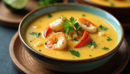 Thick and creamy seafood chowder with crustaceans, savory, crab, umami