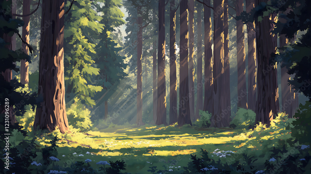 Poster serene forest glade illuminated by soft sunlight filtering through tall trees. generative ai