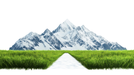 Snowy mountain with green grass and white path on transparent background