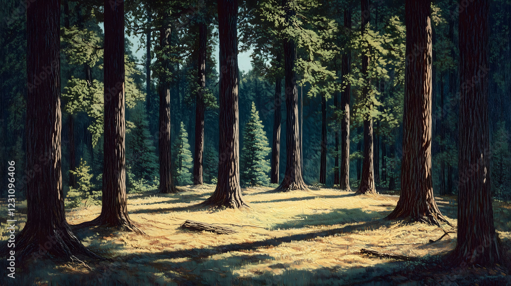 Poster serene forest glade filled with ethereal light creating a tranquil atmosphere. generative ai