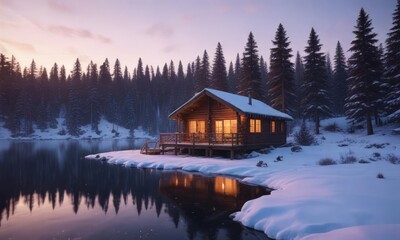 Fototapeta premium Snow covered lake at dusk with a cabin in the woods, nature, forest, peaceful
