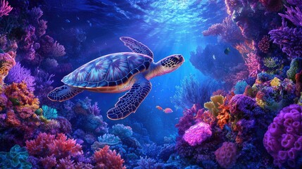 Fototapeta premium Gentle sea turtle swimming gracefully through a vibrant coral reef.