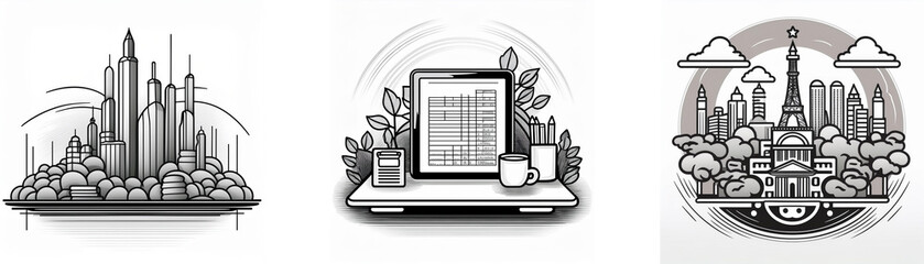 Three grayscale illustrations depict cityscapes, a laptop with plants, and a city nestled within a circular frame.  The images evoke themes of urban life, nature, and technology.