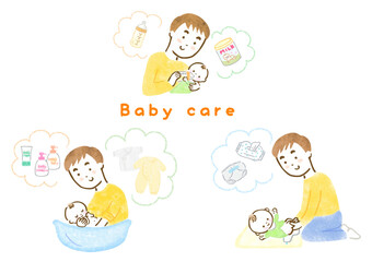 赤ちゃんのお世話をする父親と小物類の手描きイラストセット