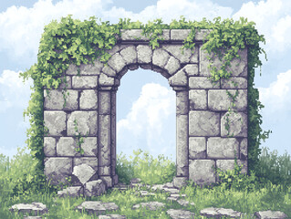 Pixel Art Archway in Lush Landscape