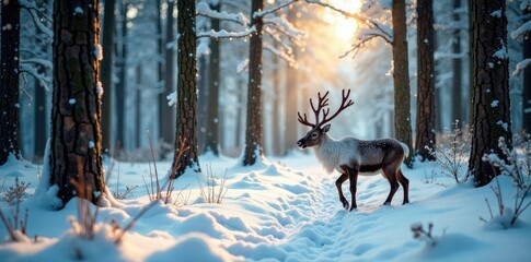 Snowy Forest Floor with Handmade Reindeer and Trees, forest, woodland, woods