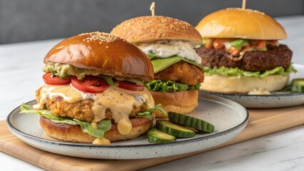 Three Gourmet Burgers with Unique Toppings and Sauces